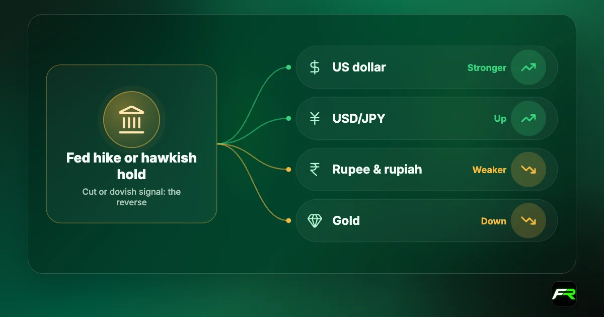 Diagram: a hike or hawkish hold by the Fed leads to a stronger dollar, USD/JPY up, a weaker rupee and rupiah, and gold down.