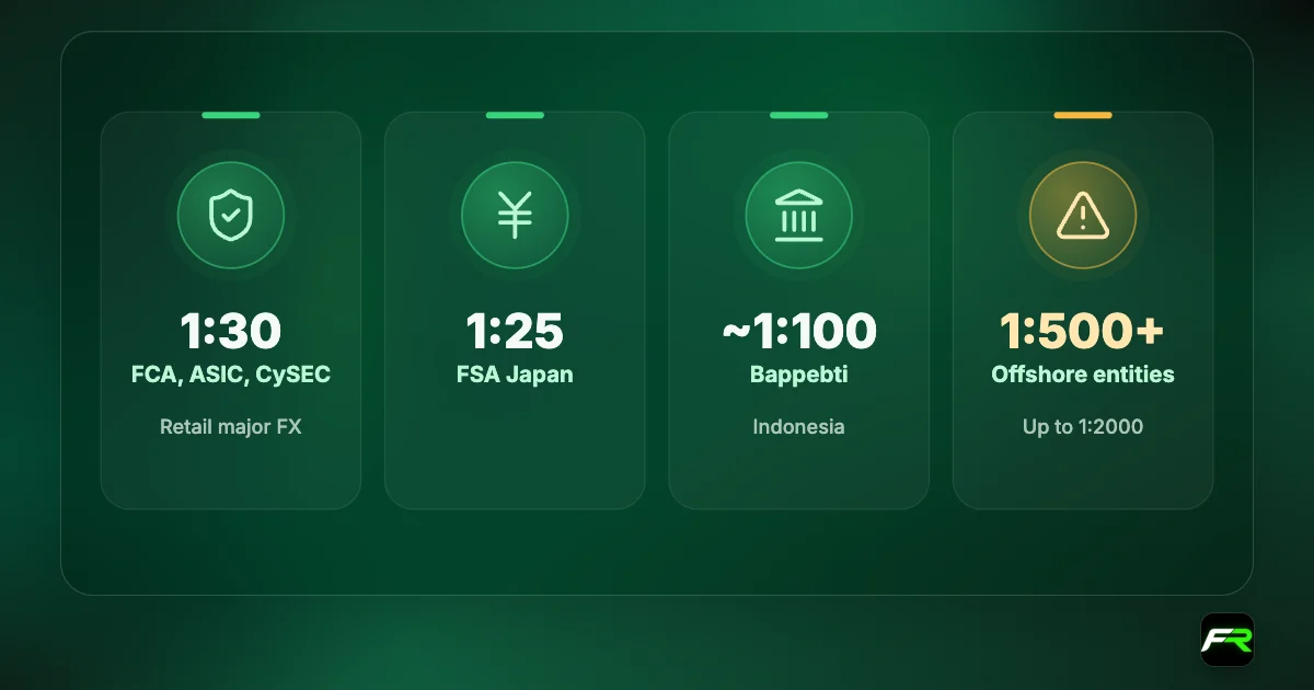 Icon cards of leverage caps: 1:30 at the FCA, ASIC and CySEC; 1:25 at Japan's FSA; about 1:100 at Bappebti; 1:500 to 1:2000 at offshore entities.