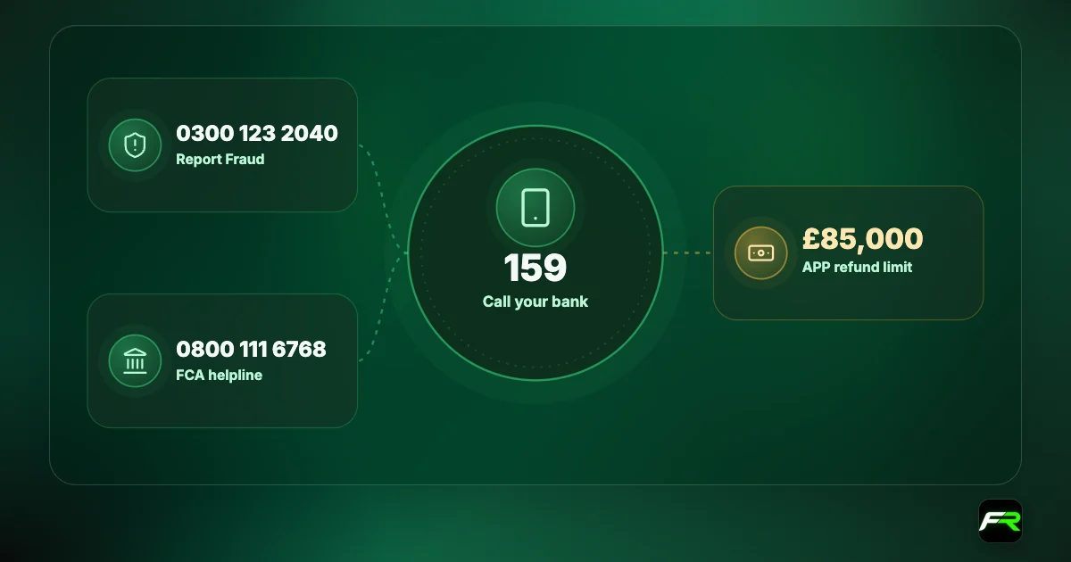 Scam contacts: call your bank on 159; Report Fraud on 0300 123 2040; FCA consumer helpline 0800 111 6768; APP scam reimbursement up to £85,000 per claim, within 13 months of the last payment.