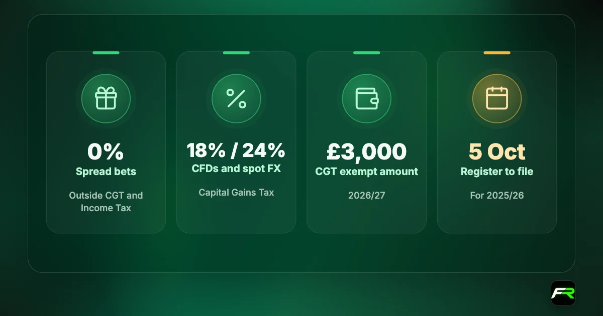 UK forex tax: spread bets 0% for most individuals; CFDs and rolling spot FX taxed at 18% or 24% above the £3,000 CGT exempt amount; register for self assessment by 5 October 2026 for 2025/26.