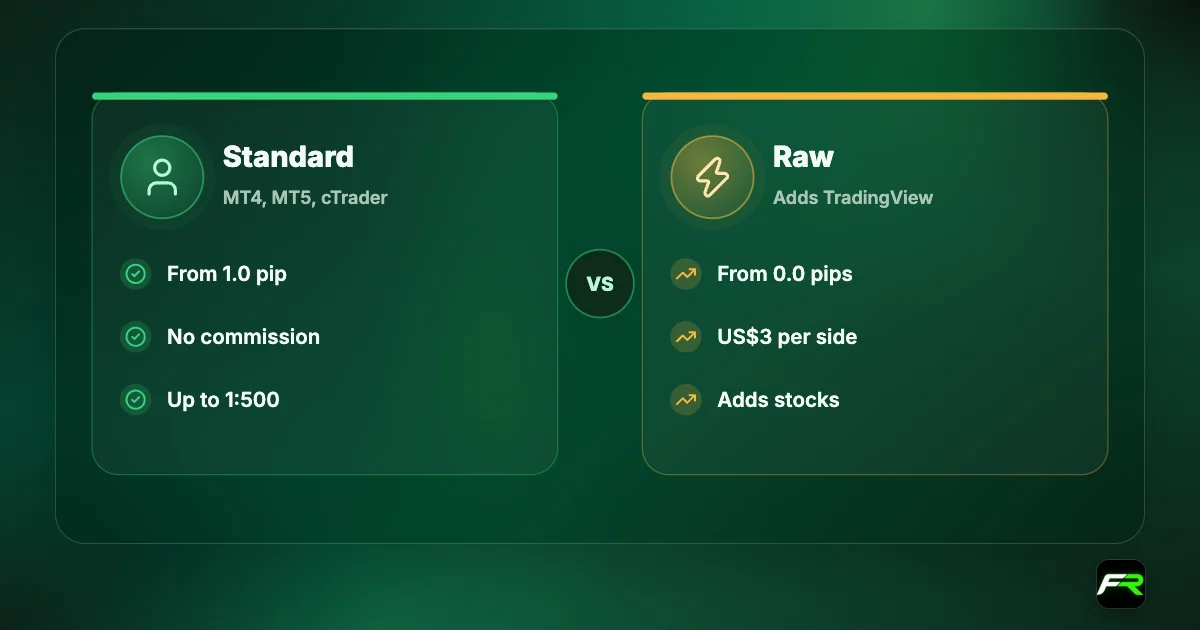 Comparison: Standard account from 1.0 pip with no commission; Raw account from 0.0 pips with US$3 commission per side; both up to 1:500.