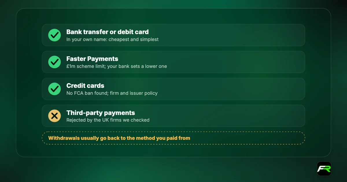 Funding: bank transfer or debit card in your own name is cheapest and simplest; Faster Payments has a £1m scheme limit but banks set lower ones; credit cards depend on firm and issuer policy; third-party payments are rejected.