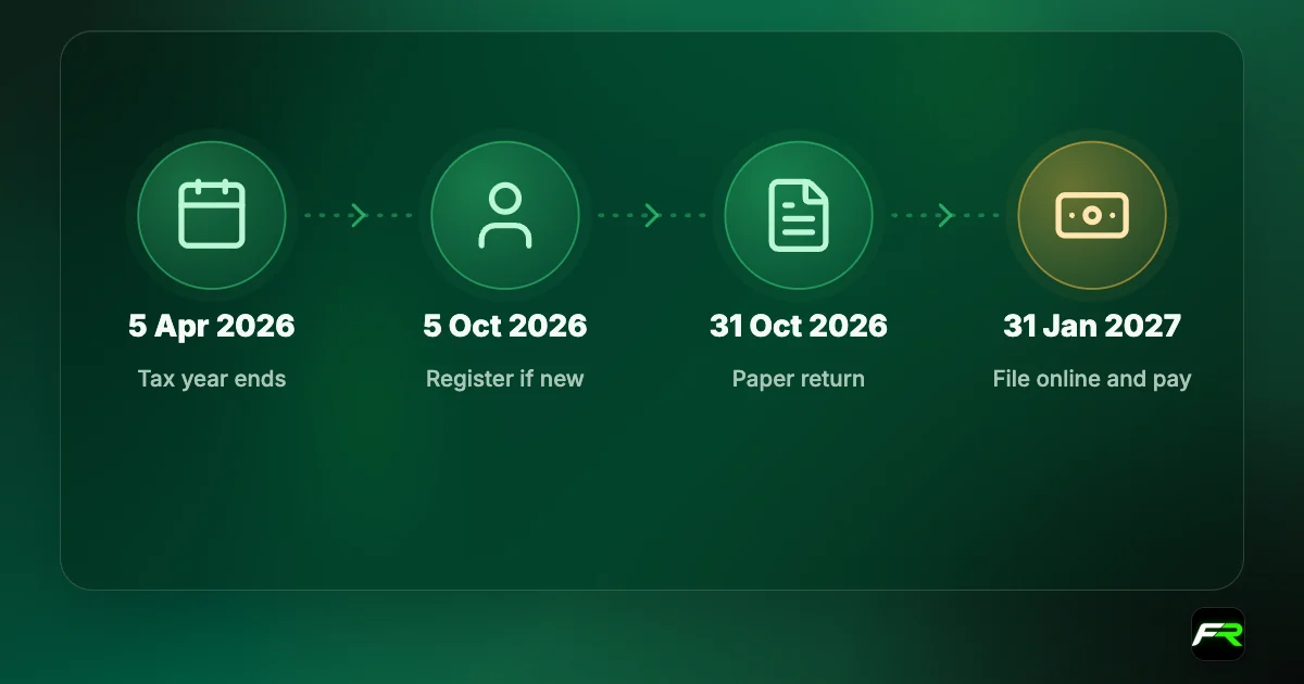 Deadlines: tax year ends 5 April 2026; register for self assessment by 5 October 2026; paper return by 31 October 2026; online return and payment of CGT by 31 January 2027.
