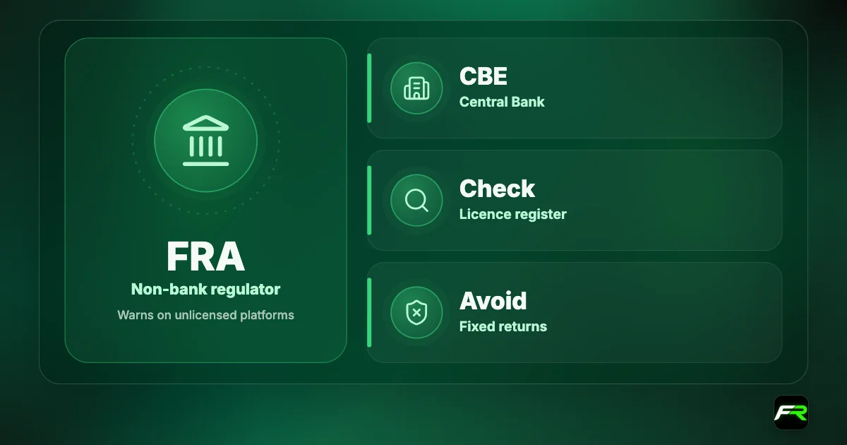 Financial Regulatory Authority supervises non-bank financial services and warns against unlicensed online platforms; the Central Bank of Egypt oversees foreign exchange.