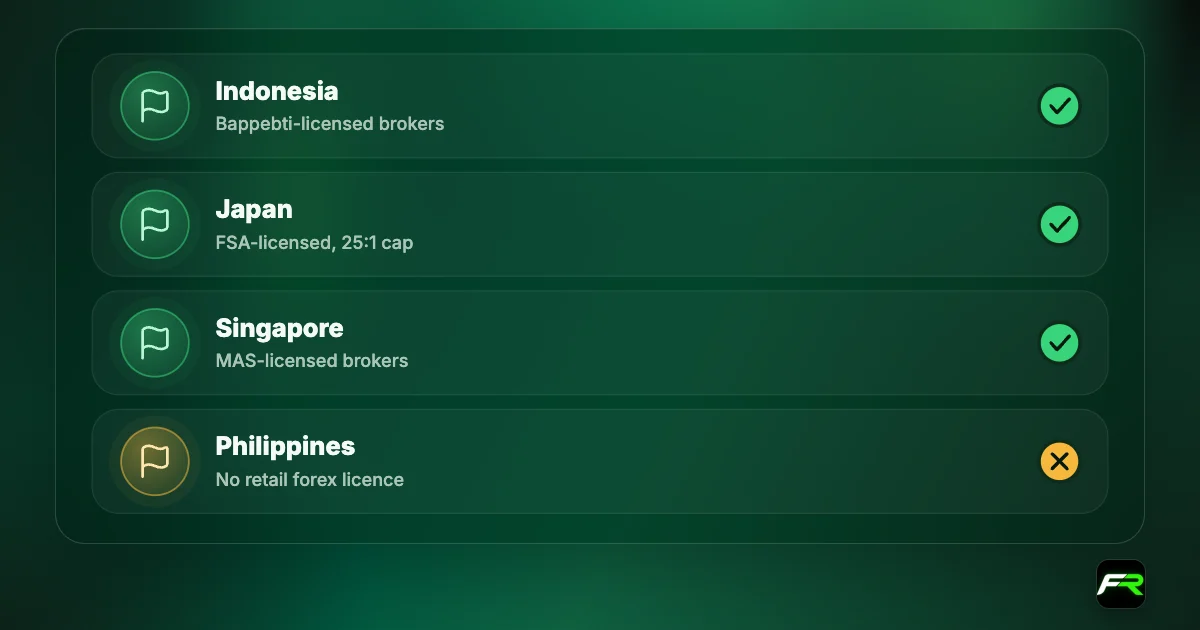 Icon cards: Indonesia, Japan and Singapore have locally regulated retail forex brokers; the Philippines has none.