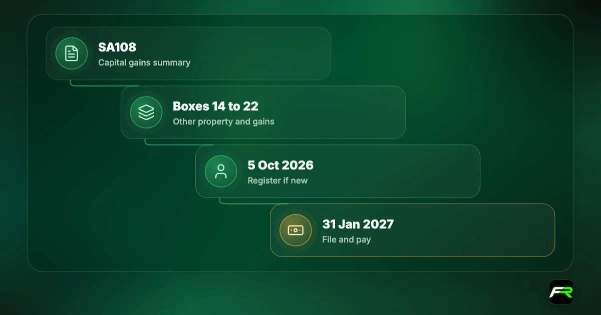 Reporting CFD gains: use the SA108 capital gains summary, boxes 14 to 22 for other property, assets and gains; register by 5 October 2026; file and pay by 31 January 2027.