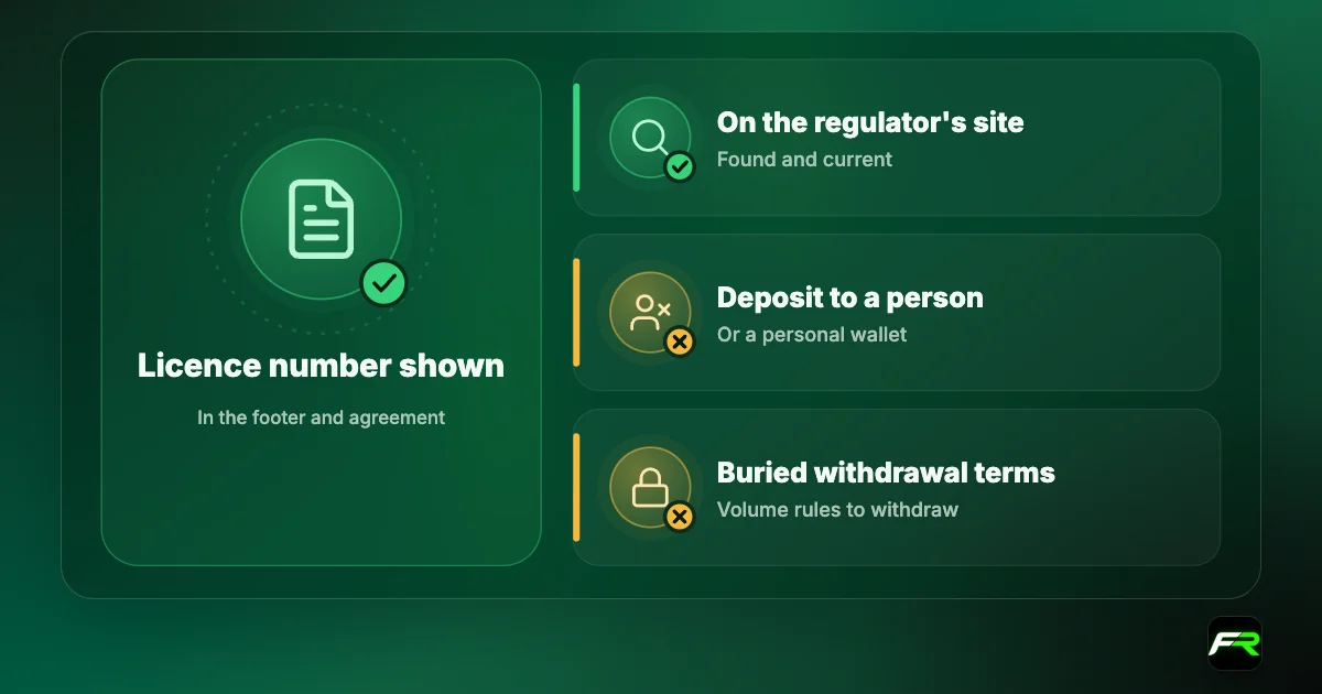 Icon cards: a real broker shows its licence number and is verifiable on the regulator's site; deposits to a person and buried withdrawal terms are fail signs.