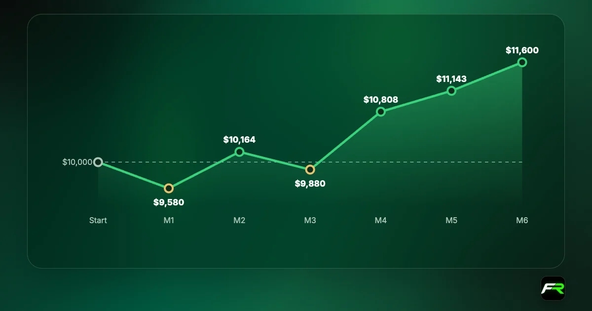 Line chart of a $10,000 account over six months: $9,580, $10,164, $9,880, $10,808, $11,143 and $11,600.