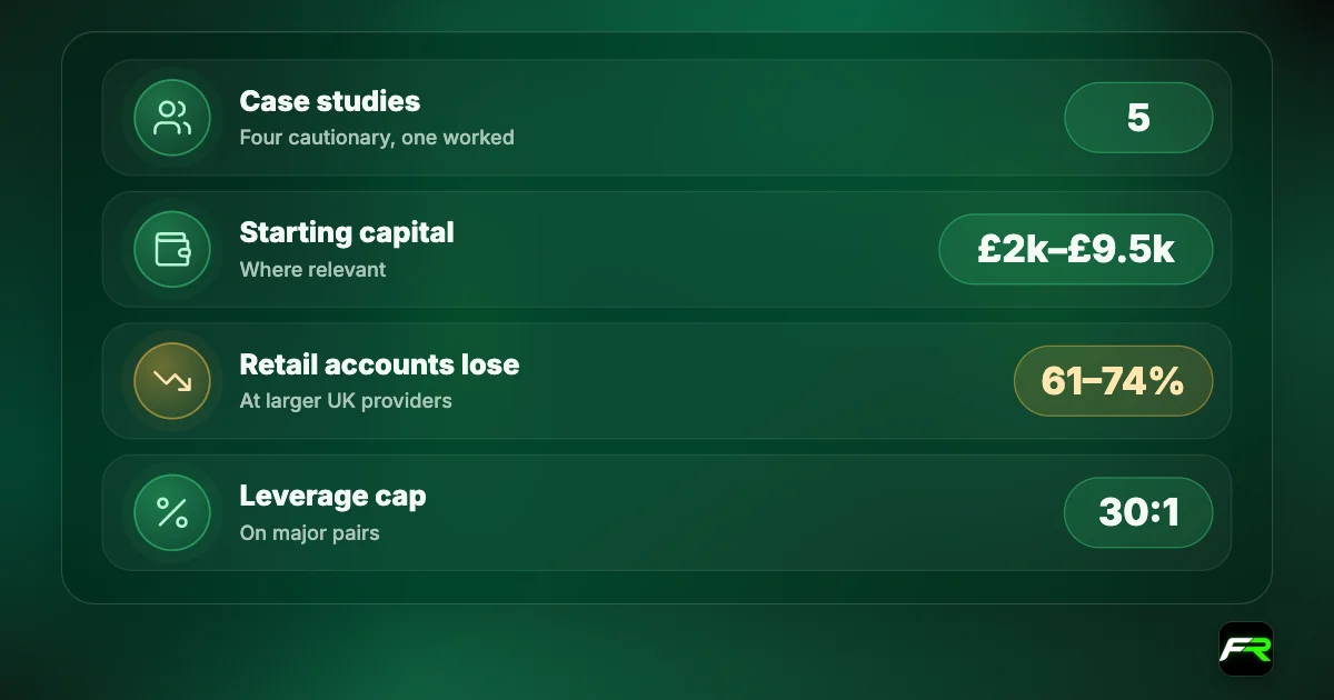 Case studies: five cases, four cautionary and one that worked; starting capital from £2,000 to £9,500; roughly 61% to 74% of retail accounts lose money at larger UK providers; leverage capped at 30:1 on major pairs.