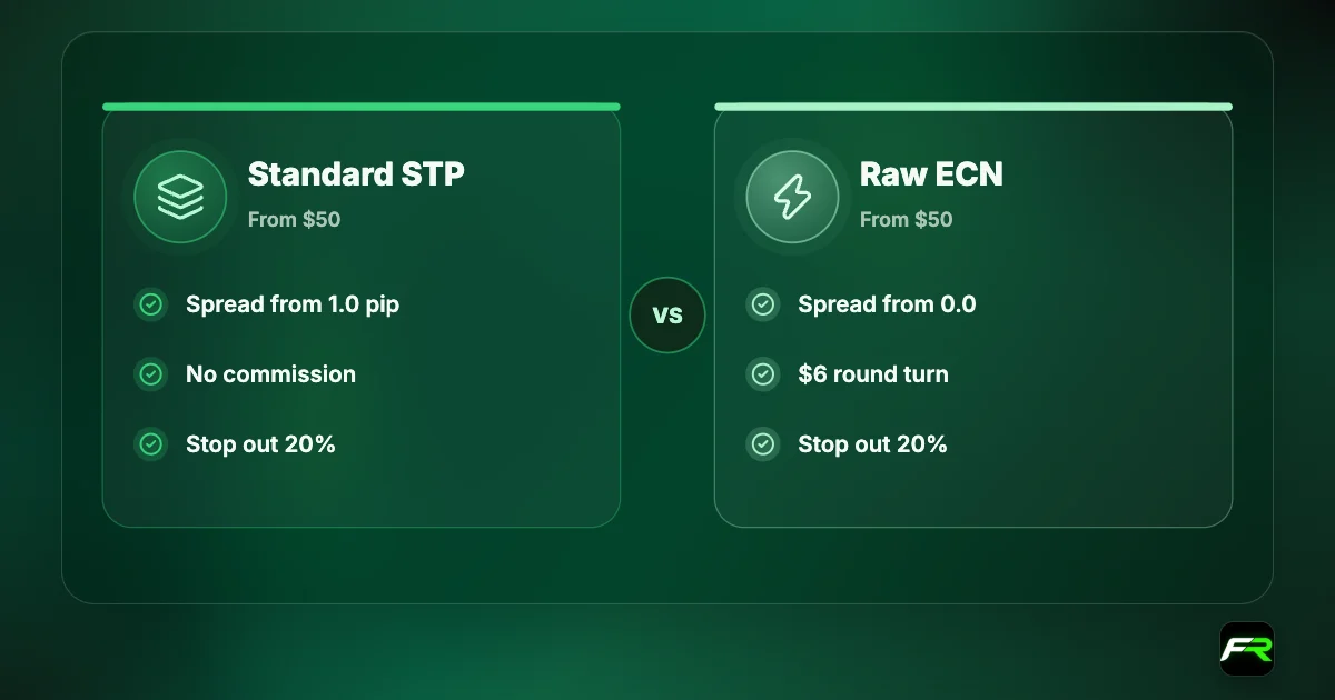 Comparison: Vantage Standard STP from $50 with spreads from 1.0 pip and no commission; Raw ECN from $50 with spreads from 0.0 pips and $6 round-turn commission per lot.