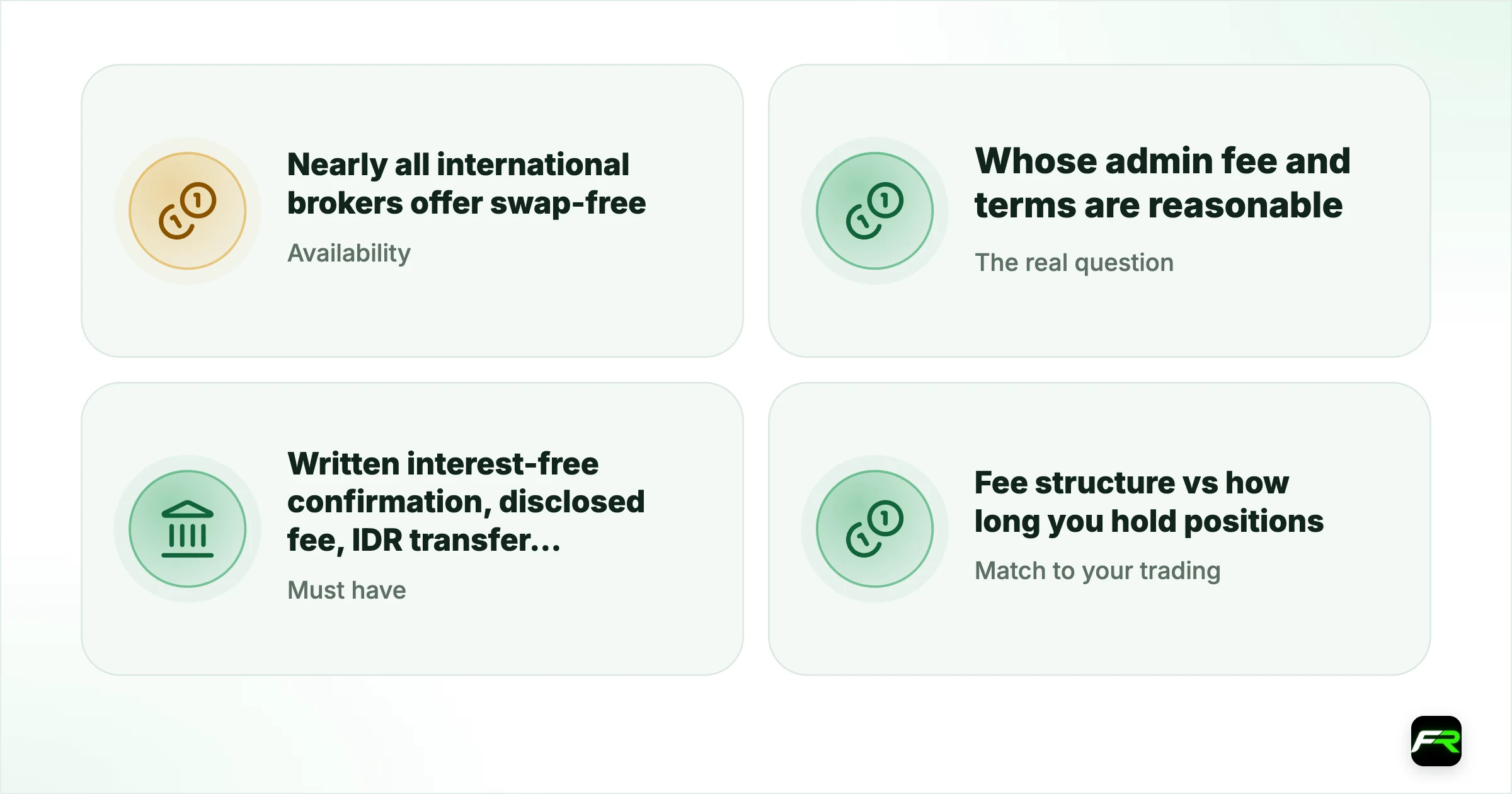 What does not make a broker better for this. Availability: Nearly all international brokers offer swap-free; The real question: Whose admin fee and terms are reasonable; Must have: Written interest-free confirmation, disclosed fee, IDR transfer, verifiable licence; Match to your trading: Fee structure vs how long you hold positions; Test: Ask for the fee schedule in writing, then test a withdrawal
