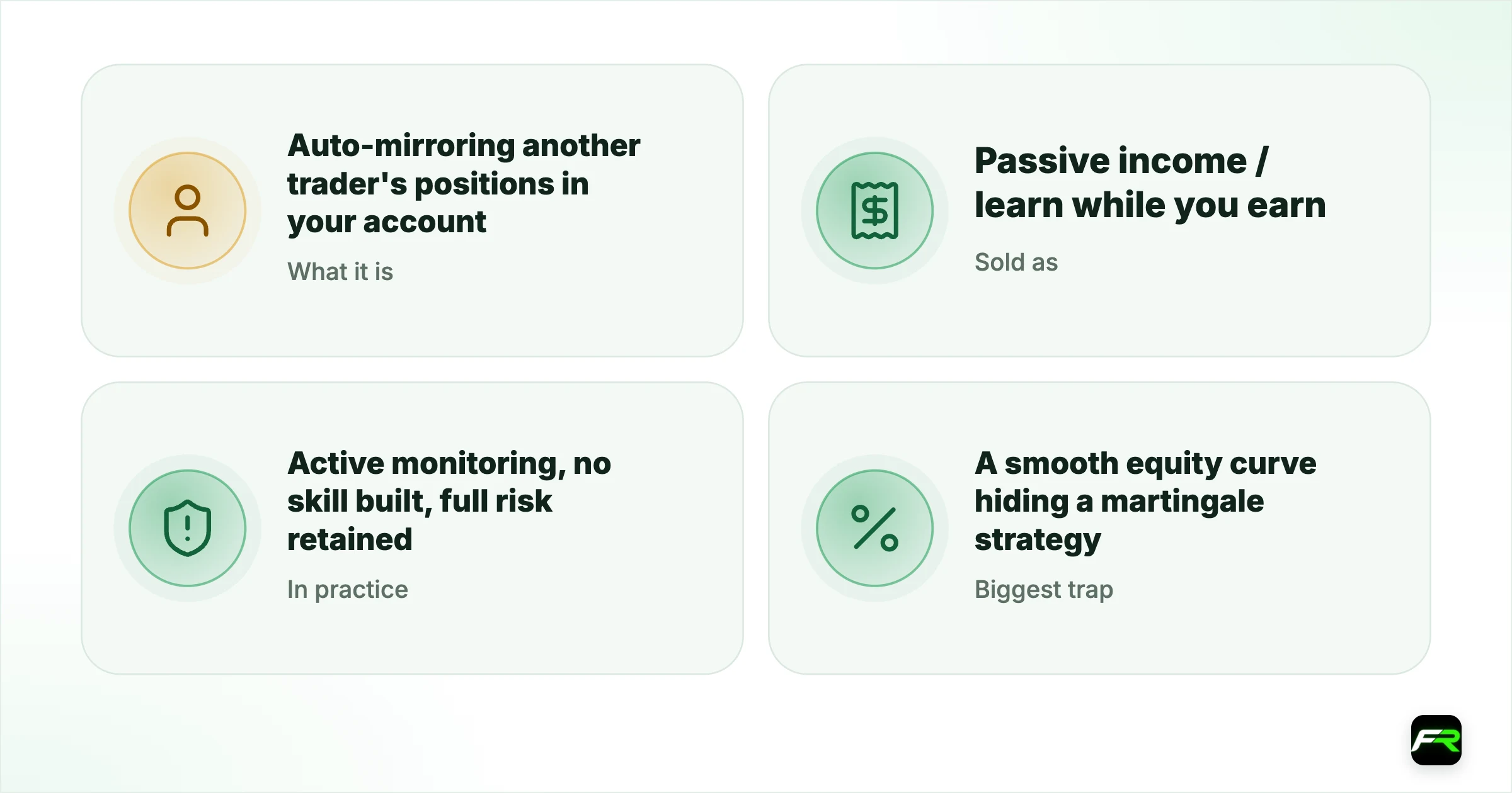 If you do use it. What it is: Auto-mirroring another trader's positions in your account; Sold as: Passive income / learn while you earn; In practice: Active monitoring, no skill built, full risk retained; Biggest trap: A smooth equity curve hiding a martingale strategy; Sensible use: A small, losable allocation with your own exit rule