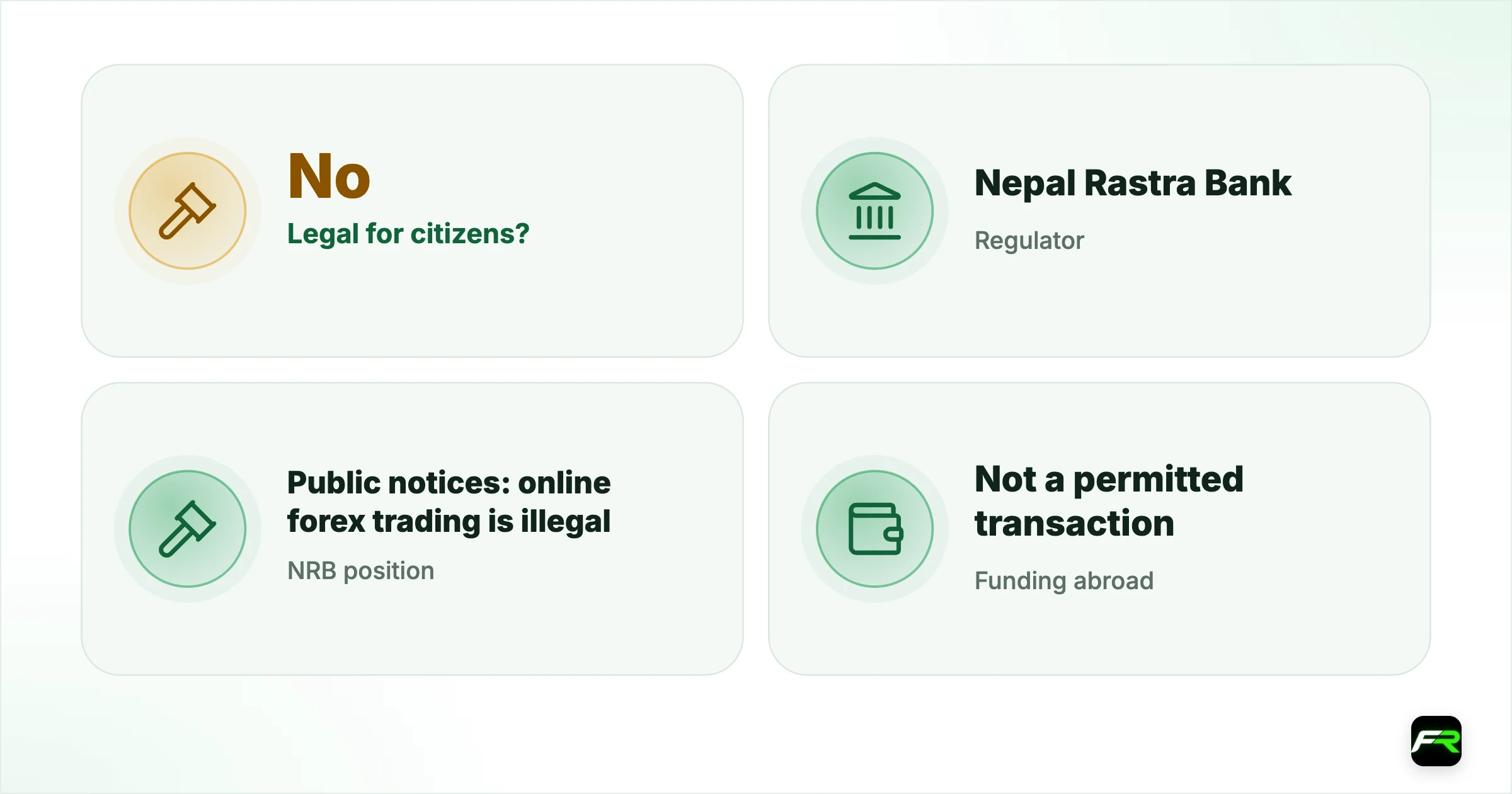 Why the ads keep coming. Legal for citizens?: No; Regulator: Nepal Rastra Bank; NRB position: Public notices: online forex trading is illegal; Funding abroad: Not a permitted transaction; Common funding attempt: eSewa or Khalti to a local helper'; Local recourse: None