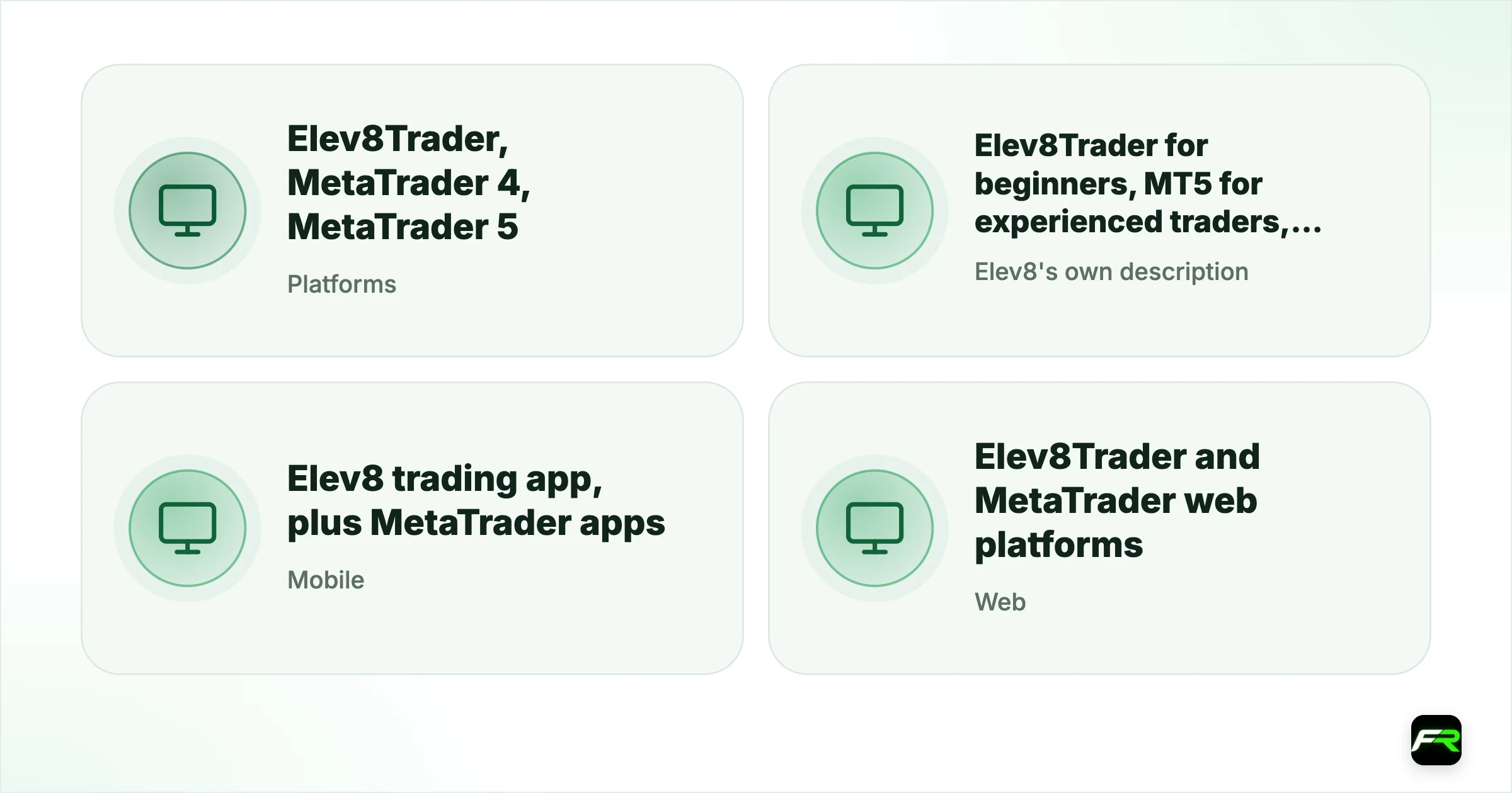 Elev8 Platforms: Elev8Trader vs MetaTrader 4 vs MetaTrader 5. Platforms: Elev8Trader, MetaTrader 4, MetaTrader 5; Elev8's own description: Elev8Trader for beginners, MT5 for experienced traders, MT4 for everyone; Mobile: Elev8 trading app, plus MetaTrader apps; Web: Elev8Trader and MetaTrader web platforms; Automation: Expert advisors on MT4 and MT5; Execution: Market execution, advertised at under 0.1 seconds