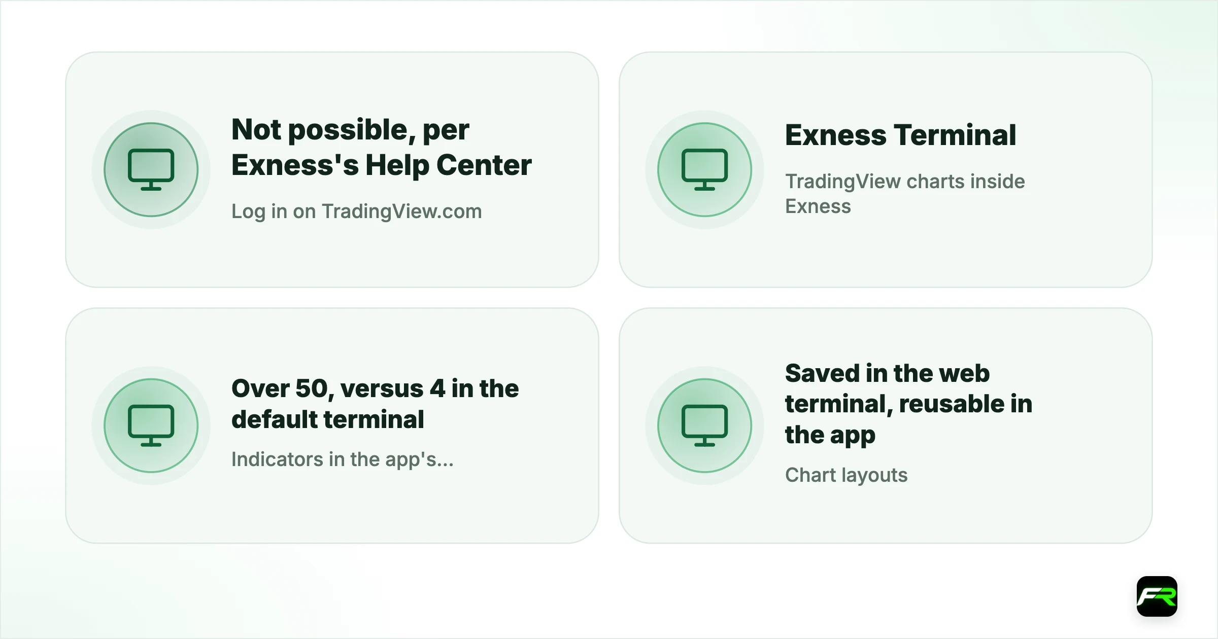 Can You Connect Exness to TradingView? What Works and What Doesn't. Log in on TradingView.com: Not possible, per Exness's Help Center; TradingView charts inside Exness: Exness Terminal (web) and Exness Trade app; Indicators in the app's TradingView chart: Over 50, versus 4 in the default terminal; Chart layouts: Saved in the web terminal, reusable in the app; MT4 and MT5: Use MetaTrader's own charts