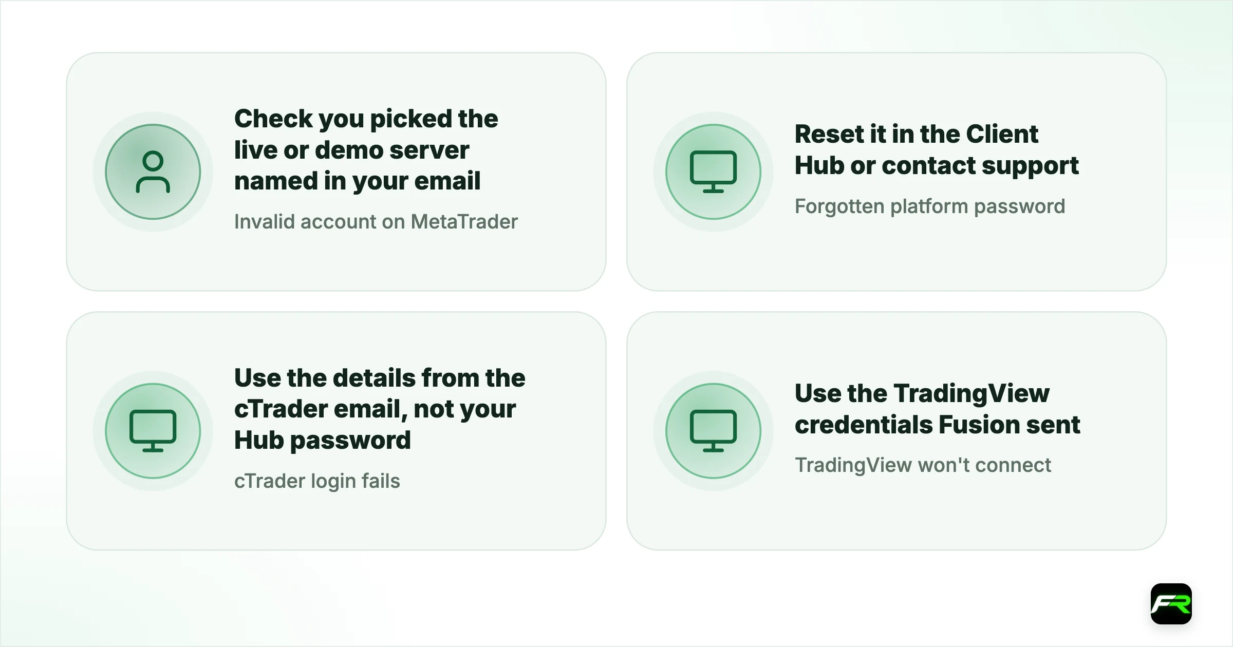 Login and setup problems. Invalid account on MetaTrader: Check you picked the live or demo server named in your email; Forgotten platform password: Reset it in the Client Hub or contact support; cTrader login fails: Use the details from the cTrader email, not your Hub password; TradingView won't connect: Use the TradingView credentials Fusion sent; Demo has disappeared: Demos expire after 30 days; ask support to extend once you have a funded live account