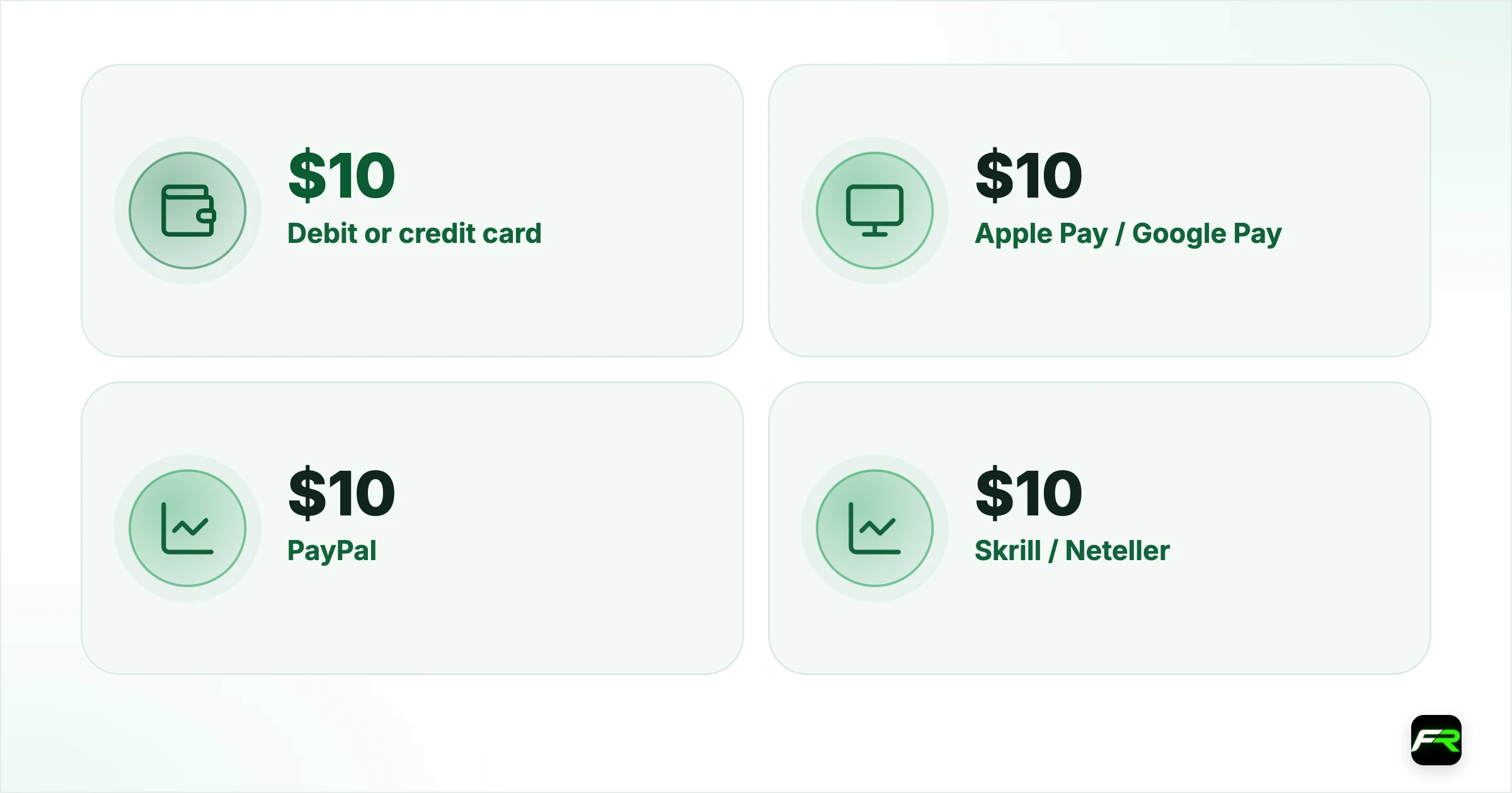 Deposit methods and timings. Debit or credit card: $10: None: Immediate; Apple Pay / Google Pay: $10: None: Immediate; PayPal: $10: None: Immediate; Skrill / Neteller: $10: None: Immediate; Crypto: About $20 ($18 or $25 on different pages): None: Immediate; Bank wire: No minimum: None: 3 to 5 business days; Local methods (Vietnam, Indonesia, Malaysia): $10: None: Immediate; Local methods (Thailand): $15: None: Immediate