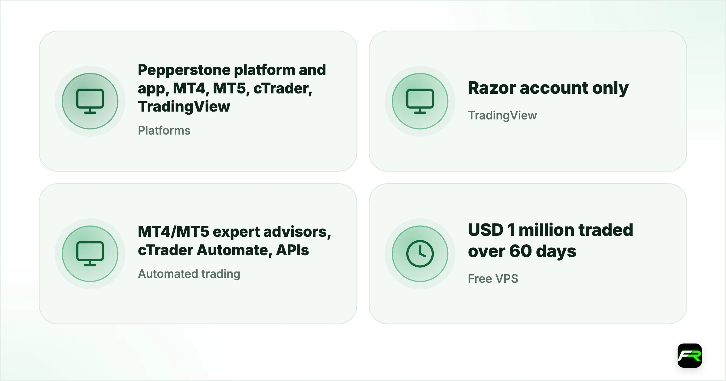 Pepperstone Trading Platforms: MT4, MT5, cTrader, TradingView and Its Own App. Platforms: Pepperstone platform and app, MT4, MT5, cTrader, TradingView; TradingView: Razor account only; Automated trading: MT4/MT5 expert advisors, cTrader Automate, APIs; Free VPS: USD 1 million traded over 60 days; Extras: 28 Smart Trader Tools for MetaTrader