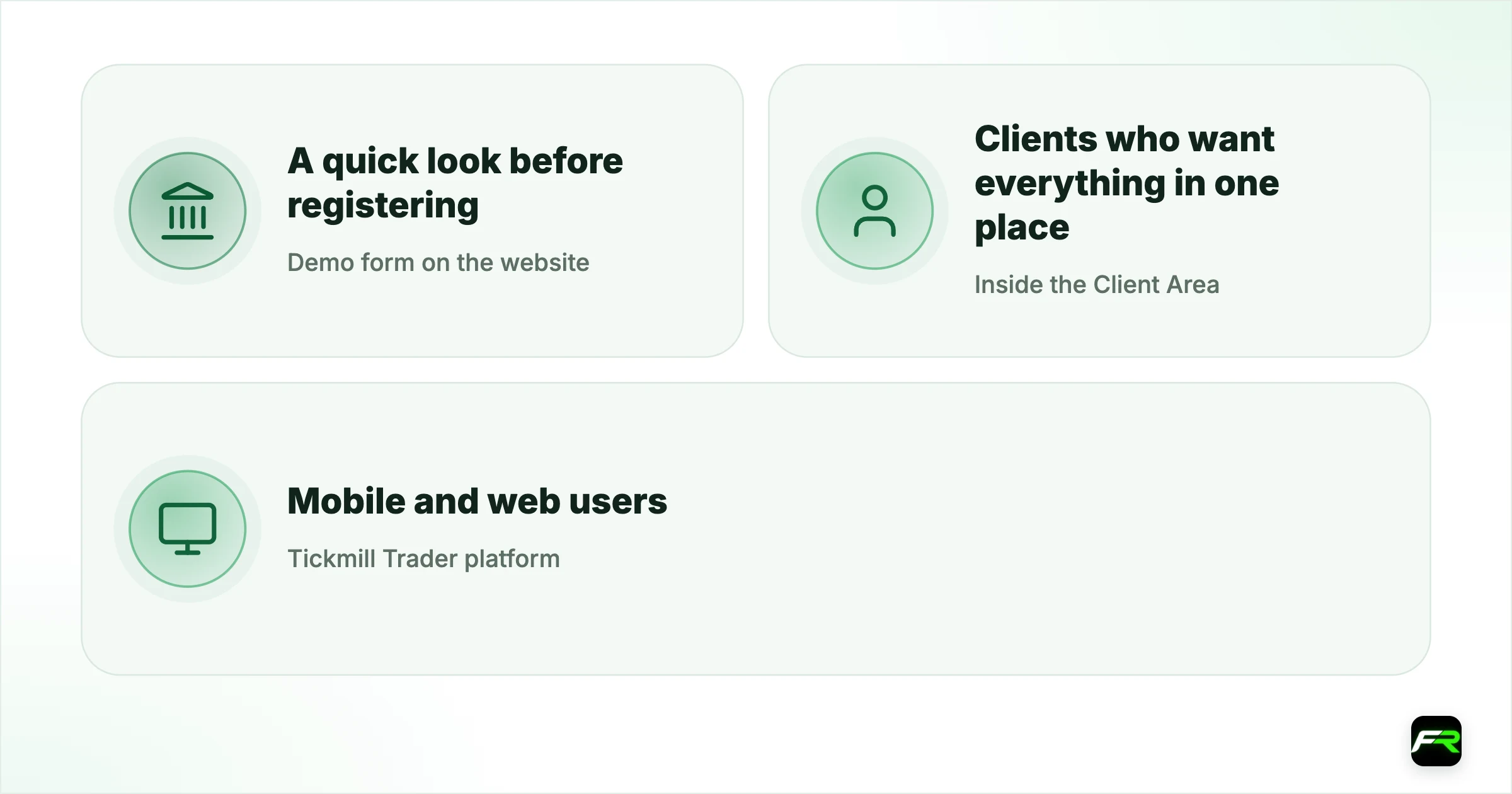 Two ways to open a demo. Demo form on the website: A quick look before registering: No; Inside the Client Area: Clients who want everything in one place: Yes; Tickmill Trader platform: Mobile and web users: Demo and live together