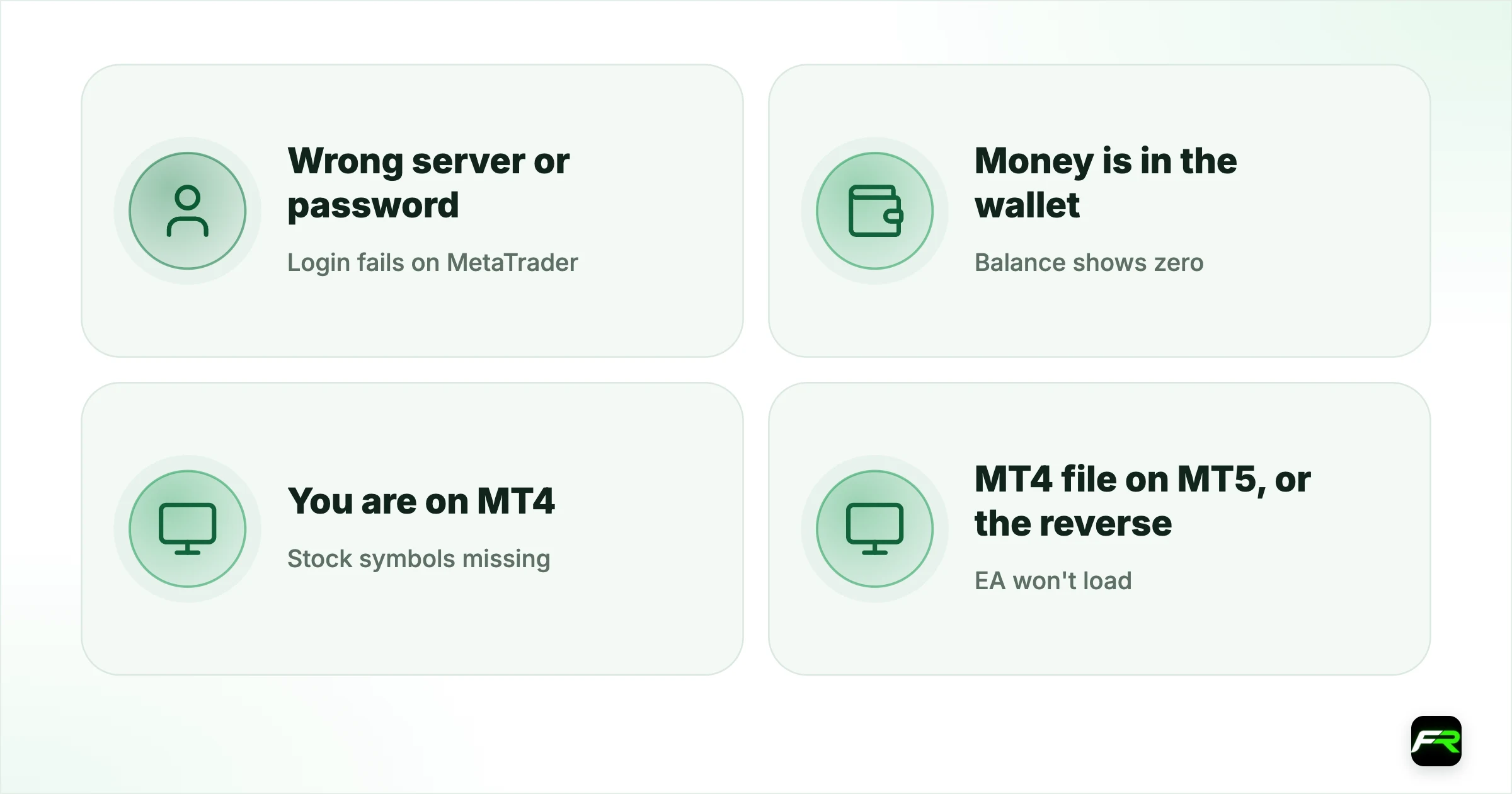 Common platform problems. Login fails on MetaTrader: Wrong server or password: Use the server number in your account email; Balance shows zero: Money is in the wallet: Transfer from wallet to trading account; Stock symbols missing: You are on MT4: Open an MT5 account; EA won't load: MT4 file on MT5, or the reverse: Get the version for your platform; Can't connect TradingView: Account isn't Tickmill Trader Raw: Open that account type first