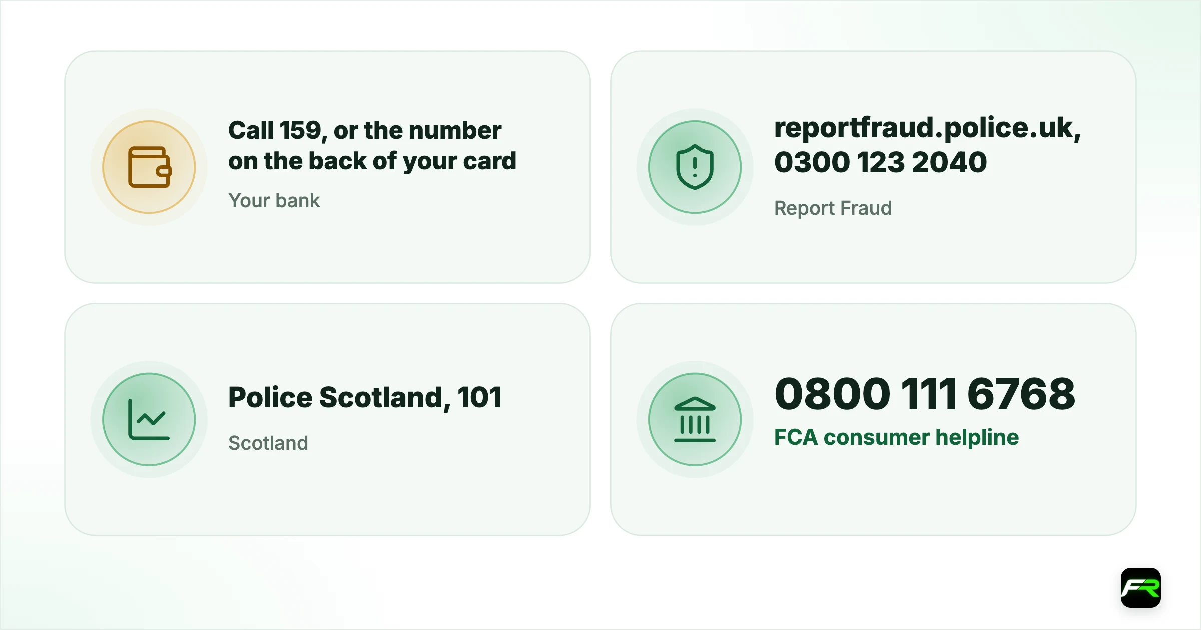 Forex Scams in the UK: How to Report Them to Report Fraud. Your bank: Call 159, or the number on the back of your card; Report Fraud (England, Wales, Northern Ireland): reportfraud.police.uk, 0300 123 2040; Scotland: Police Scotland, 101; FCA consumer helpline: 0800 111 6768; APP scam reimbursement limit: Up to £85,000 per claim, possible £100 excess; Time limit for APP claims: 13 months from the last payment