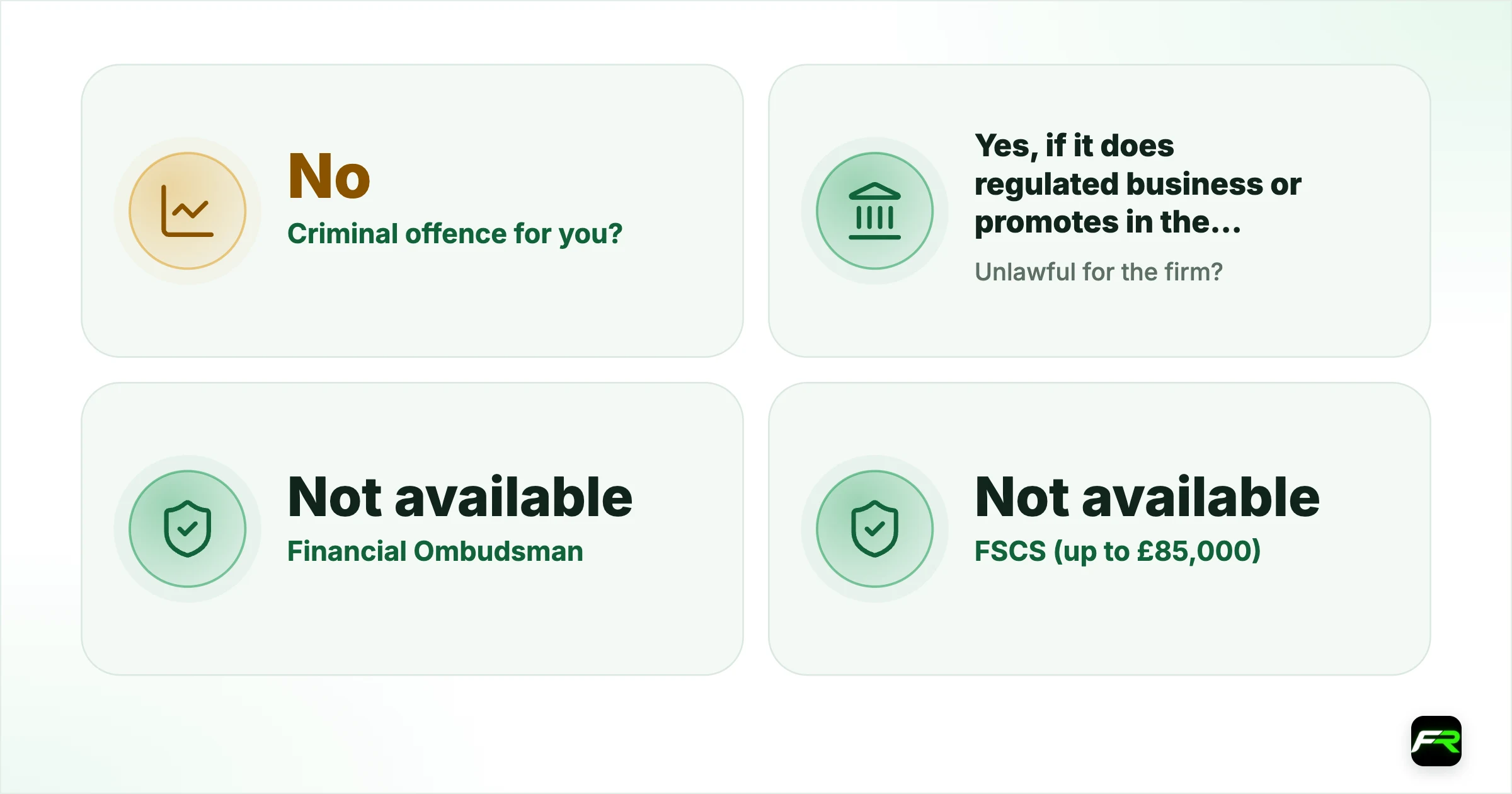 Can a UK Resident Use an Offshore Forex Broker? (2026 Rules). Criminal offence for you?: No; Unlawful for the firm?: Yes, if it does regulated business or promotes in the UK without authorisation; Financial Ombudsman: Not available; FSCS (up to £85,000): Not available; Negative balance protection: Only if the firm’s own terms offer it; UK tax on profits: Still due