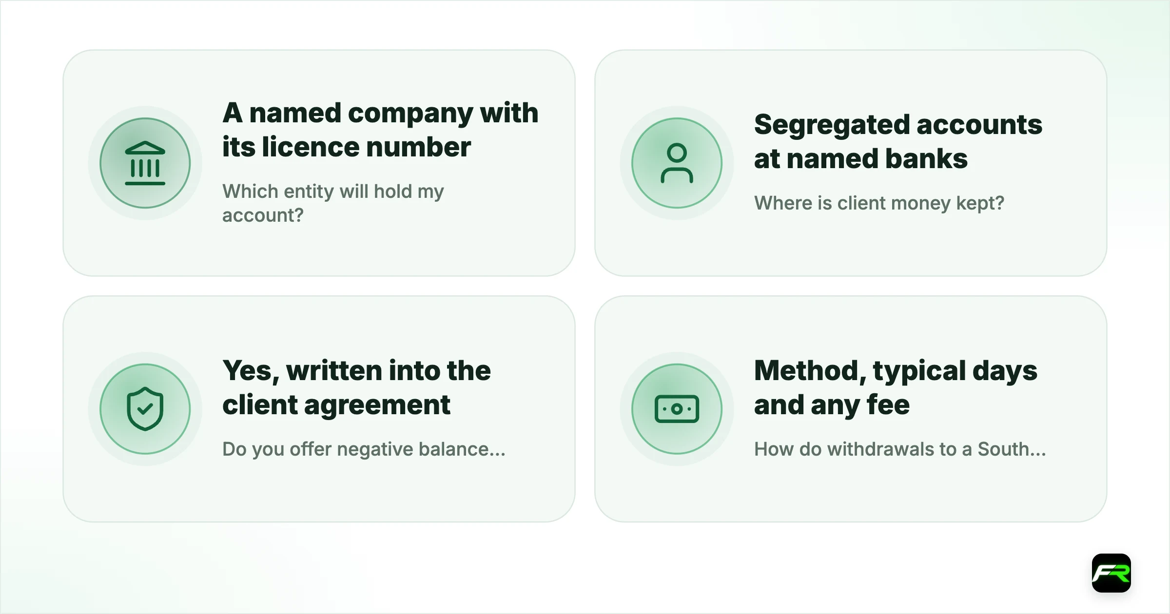 Five questions to put to any offshore broker. Which entity will hold my account?: A named company with its licence number: "We are regulated" with no entity named; Where is client money kept?: Segregated accounts at named banks: No answer, or a payment processor's name; Do you offer negative balance protection?: Yes, written into the client agreement: "It rarely matters"; How do withdrawals to a South African bank work?: Method, typical days and any fee: Fees or conditions th