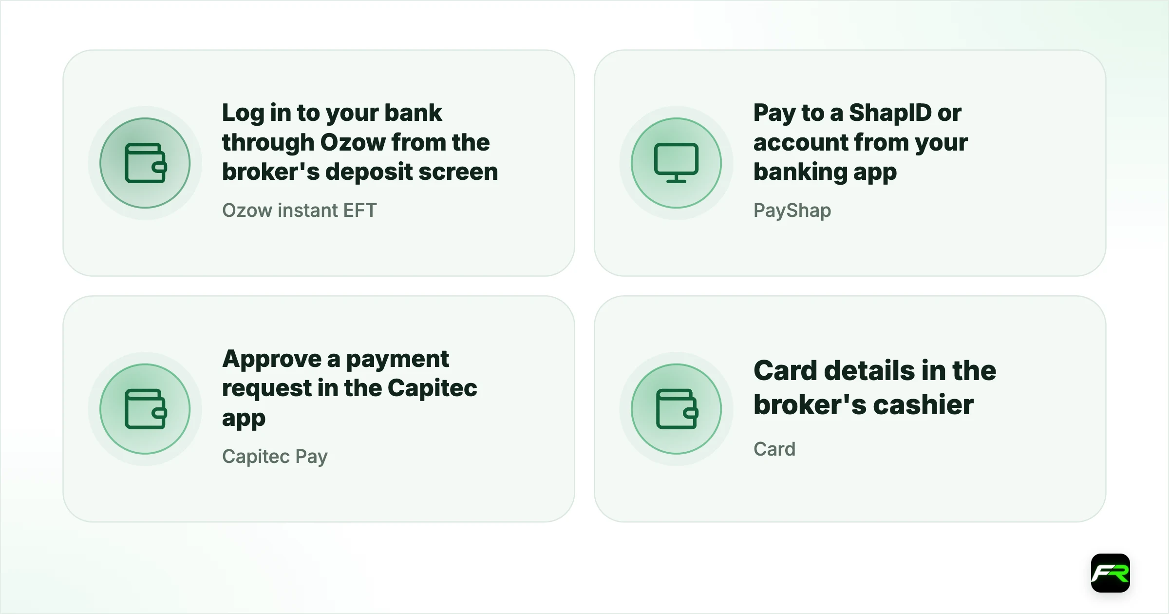 PayShap, Capitec Pay and the newer instant options. Ozow instant EFT: Log in to your bank through Ozow from the broker's deposit screen: Your bank's online payment limit; PayShap: Pay to a ShapID or account from your banking app: Scheme ceiling of R50,000 a payment; each bank sets its own limit; Capitec Pay: Approve a payment request in the Capitec app: Your Capitec app limits; Card: Card details in the broker's cashier: Card limit; possible fees on a USD account