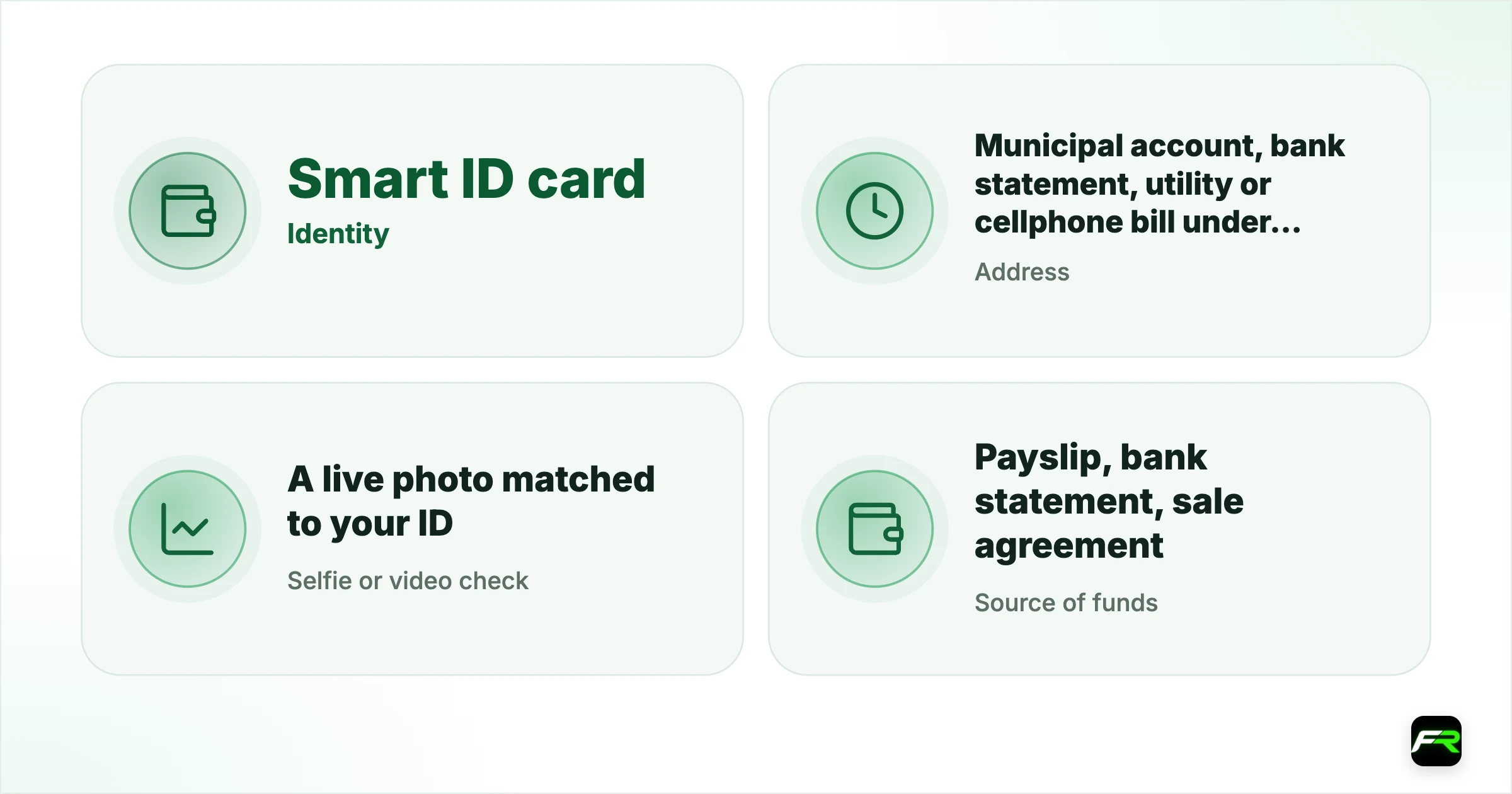 FICA: why brokers ask, and what they accept. Identity: Smart ID card (both sides), green ID book, passport: Glare, cut-off edges, expired passport; Address: Municipal account, bank statement, utility or cellphone bill under three months old: Old document, P.O. box only, someone else's name; Selfie or video check: A live photo matched to your ID: Poor light, glasses or a hat; Source of funds (larger deposits): Payslip, bank statement, sale agreement: Screenshots without your n