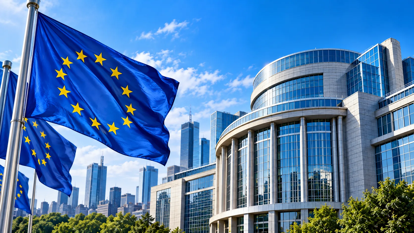 European Union flags outside a glass government building