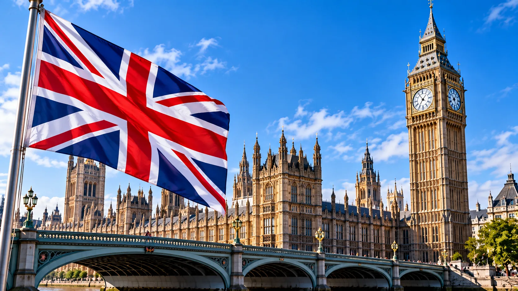Union Jack flag in front of the Houses of Parliament and Big Ben