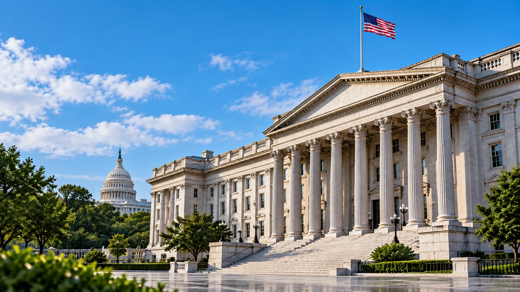 US Treasury building in Washington with the Capitol dome behind
