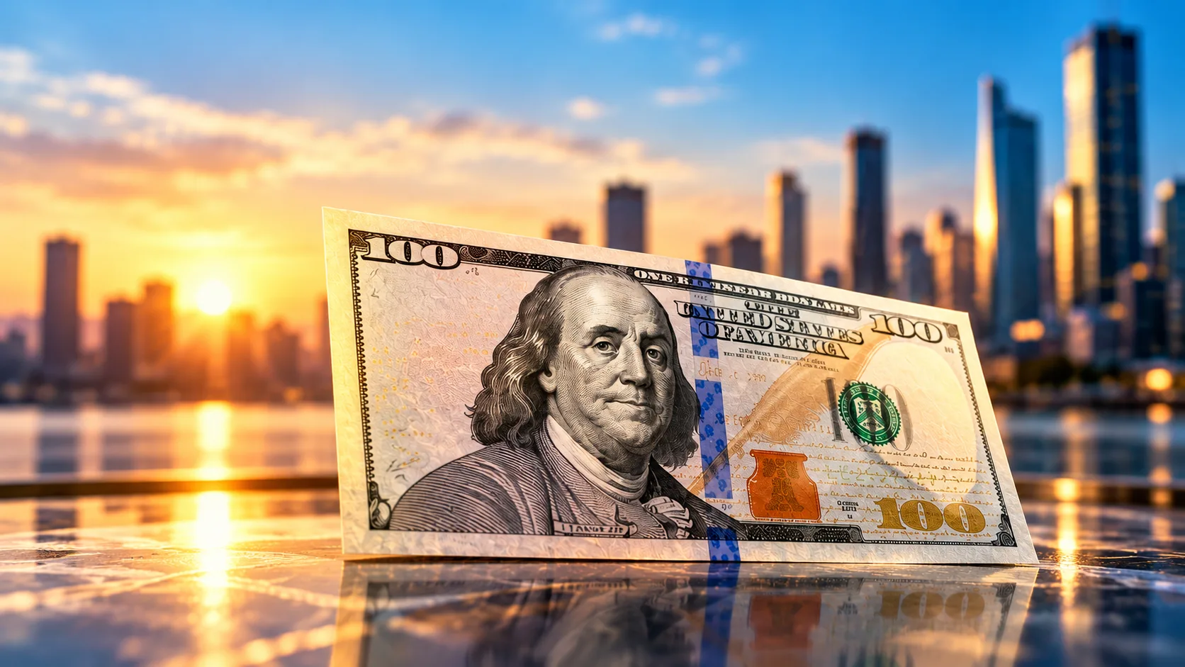 US dollar 100 bill in front of a city skyline at sunrise