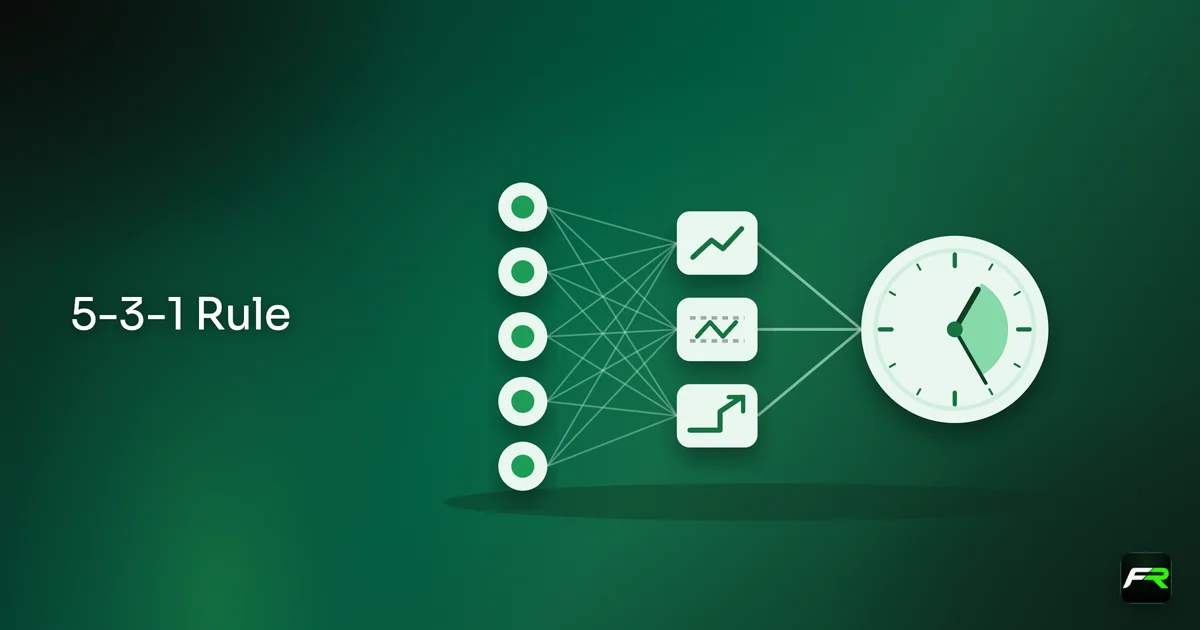 Five circles narrowing to three tiles and one clock face