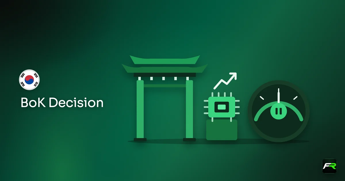 A traditional Korean gateway beside a microchip with a rising arrow and a rate dial on pause