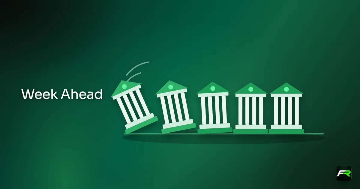 Five central bank buildings standing in a row like dominoes, the first tipping into the next