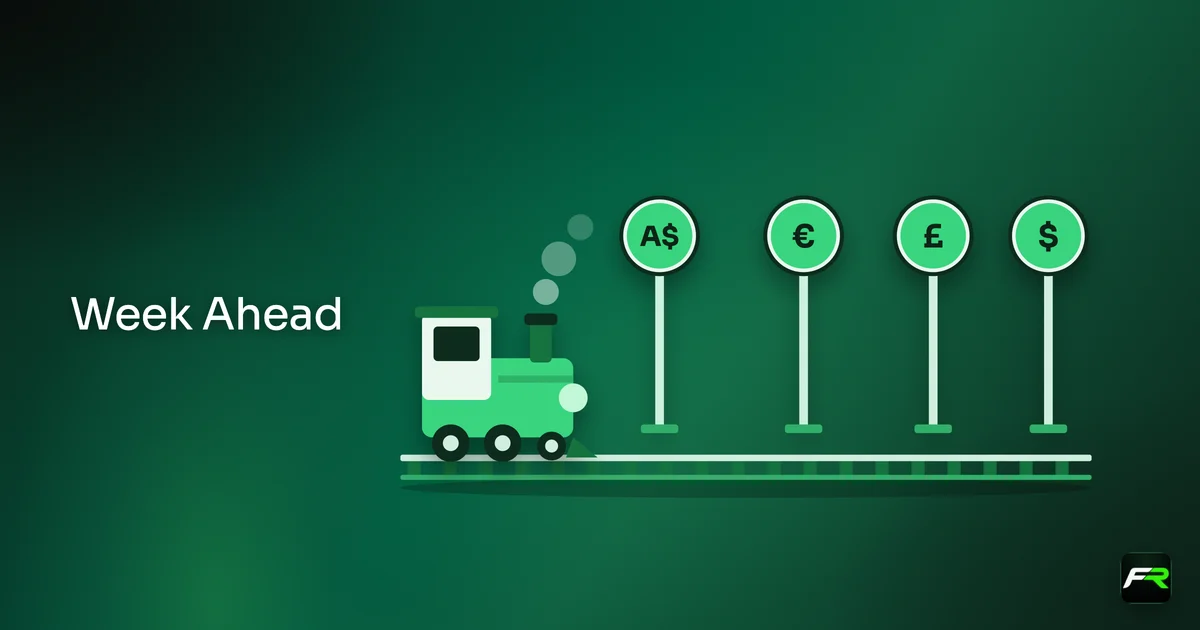 A small green locomotive running along a railway line towards four signal posts topped with Australian dollar, euro, pound and US dollar coins