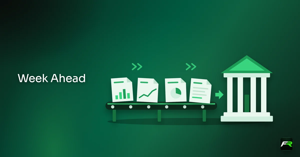 Data release documents riding a conveyor belt into a central bank building