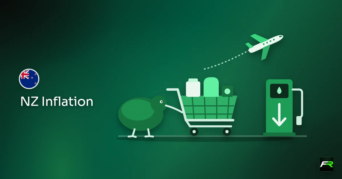 A kiwi bird pushing a shopping trolley while a plane climbs and a petrol pump shows a falling arrow