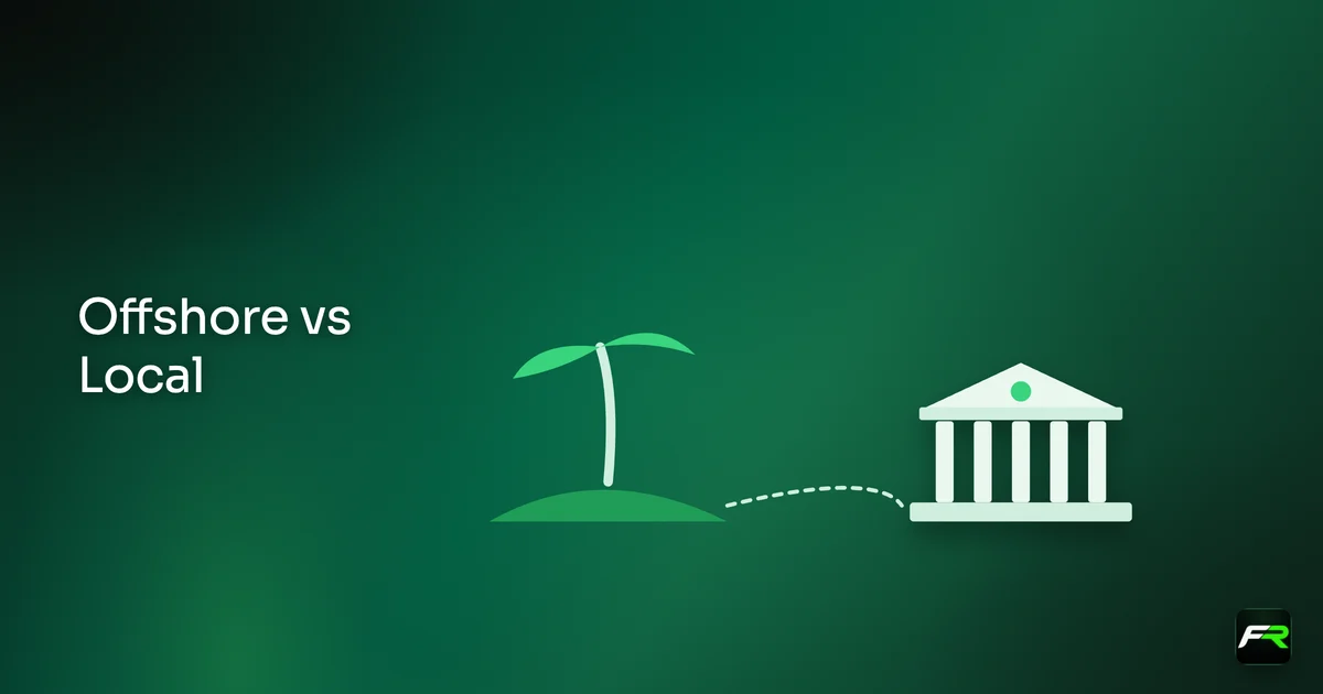 Illustration: island with a palm opposite a city bank, a road between
