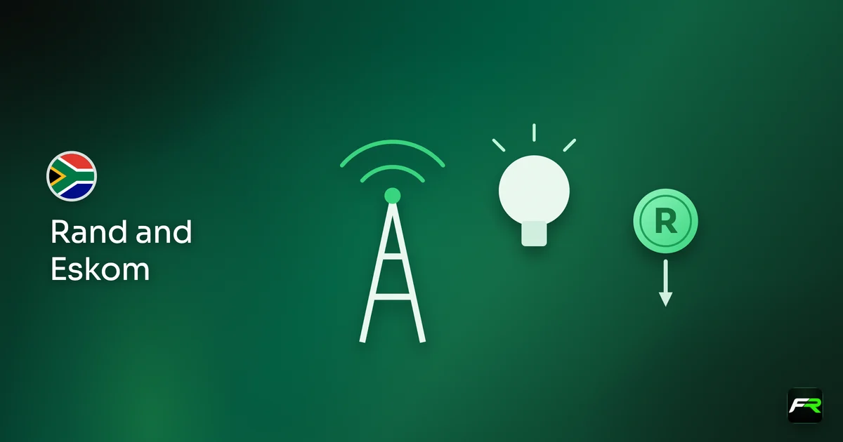 Illustration: power pylon with a flickering bulb and a falling rand coin