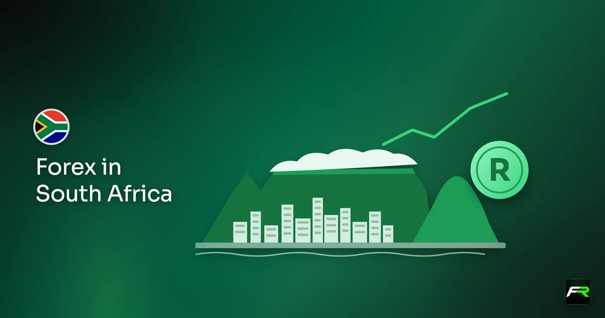 Illustration: cape town skyline with a rand coin and a rising chart