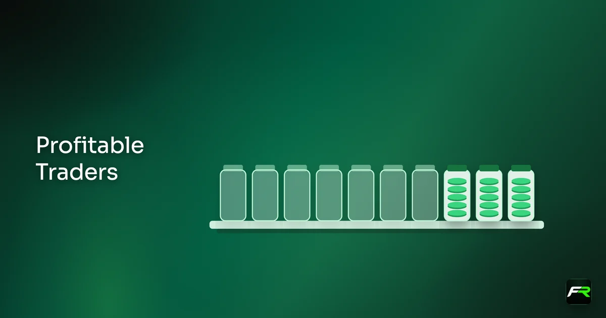 A shelf of ten jars, three filled with green coins and seven empty, showing that about three in ten accounts do not lose money