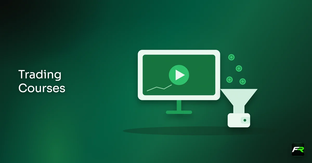 Video lesson screen with a play button and coins dropping into a funnel and wallet