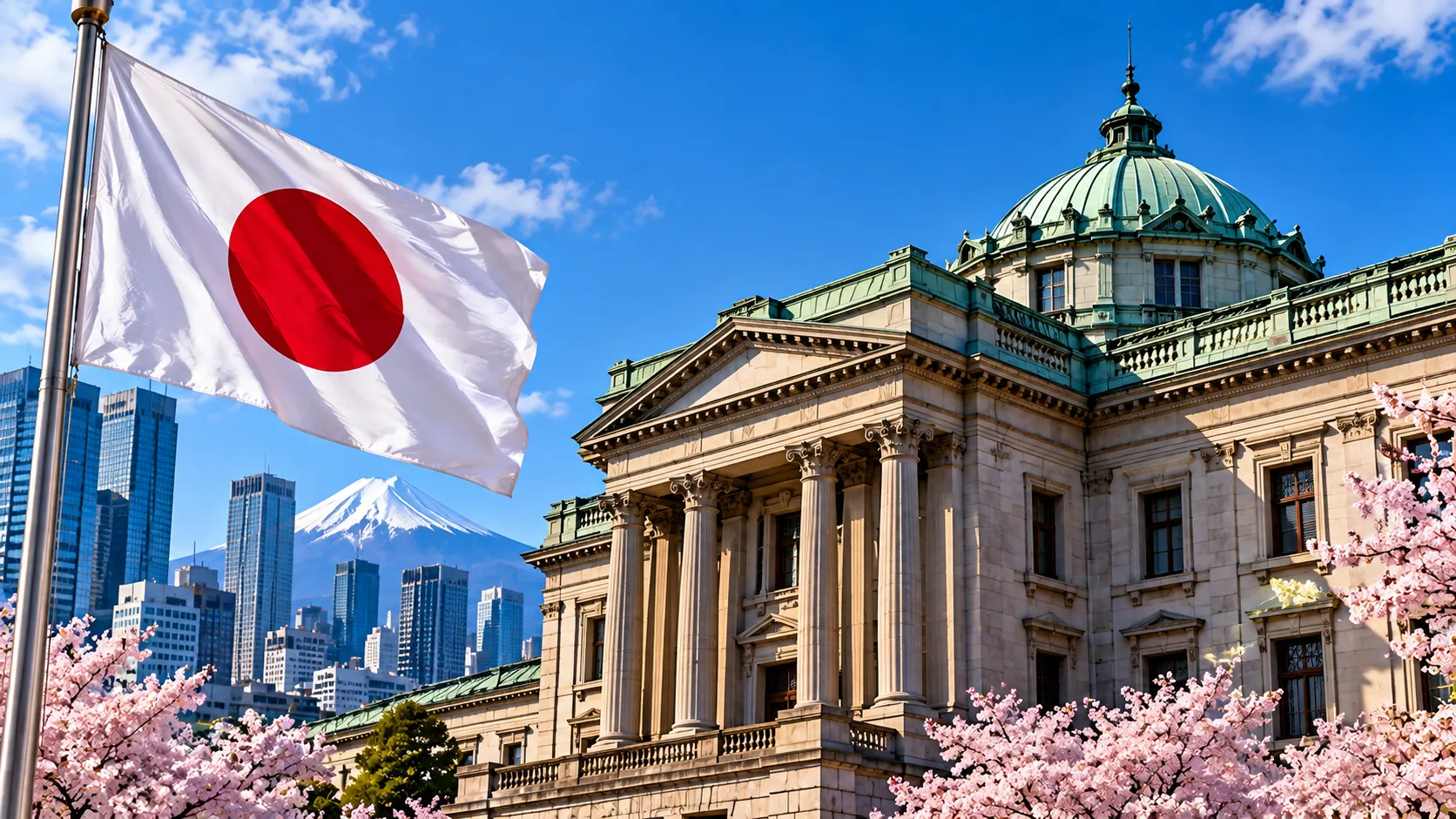 Japanese flag beside the Bank of Japan building with Mount Fuji behind